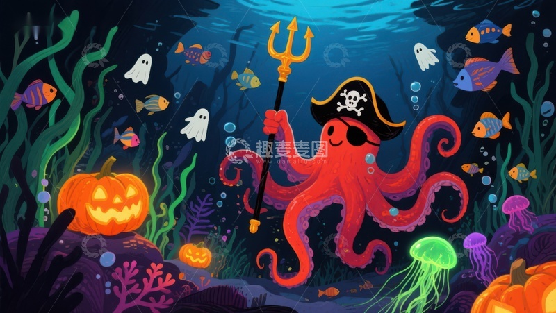 高清大图下载【趣麦麦图】海底万圣节：章鱼海盗与南瓜灯