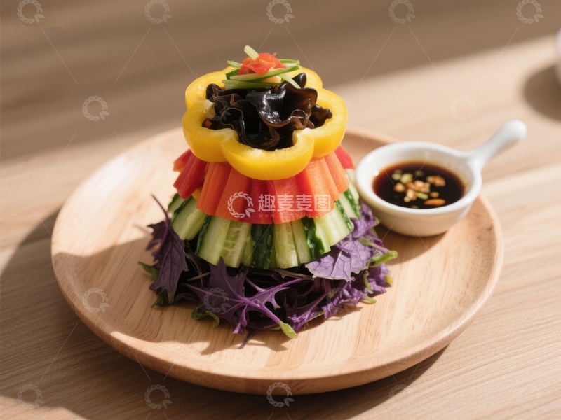 高清大图下载【趣麦麦图】色彩缤纷的蔬菜塔配酱料