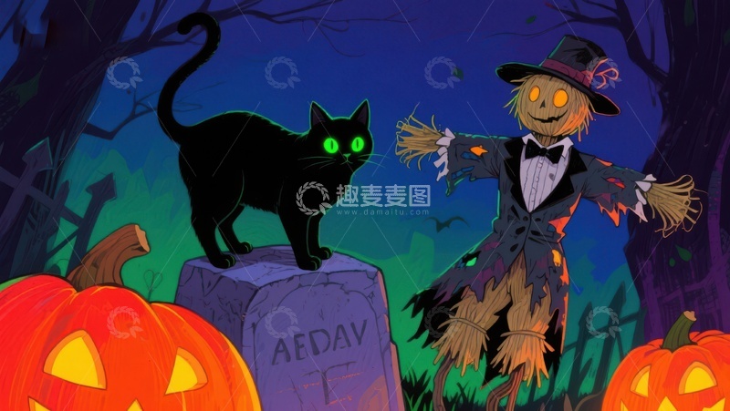 高清大图下载【趣麦麦图】万圣节夜景：黑猫与稻草人