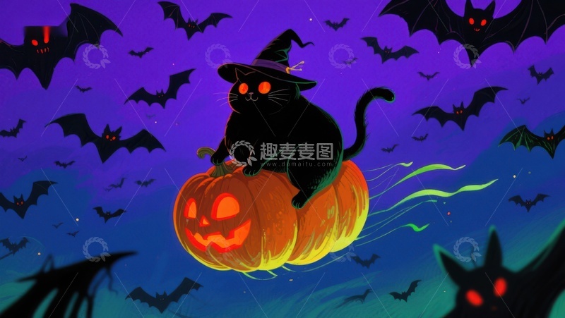 高清大图下载【趣麦麦图】黑猫骑南瓜 穿梭夜空蝙蝠群