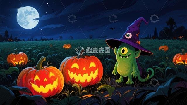 万圣夜南瓜地里的小巫师