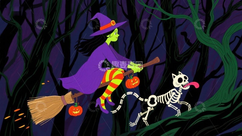 高清大图下载【趣麦麦图】巫婆骑扫帚与骷髅狗在森林中