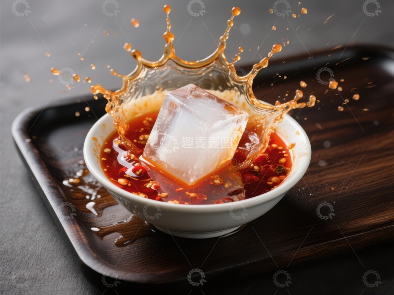 高清大图下载【趣麦麦图】冰块落入辣椒酱中溅起瞬间
