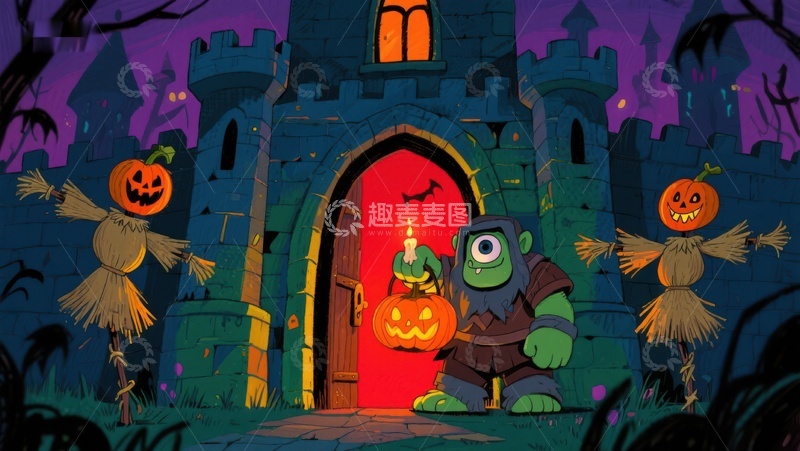 高清大图下载【趣麦麦图】万圣节城堡前的南瓜灯与怪物