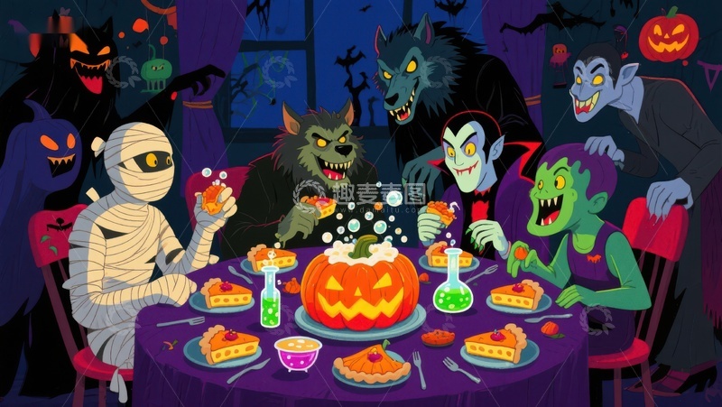 高清大图下载【趣麦麦图】万圣节怪物共进晚餐