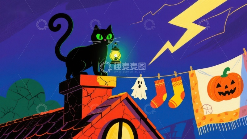 高清大图下载【趣麦麦图】万圣夜屋顶上的黑猫