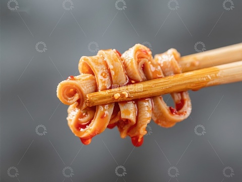 筷子夹起麻辣鱿鱼圈