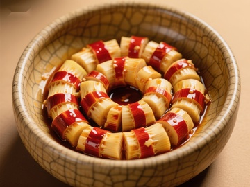 竹笋红椒卷盘于古朴瓷碗中