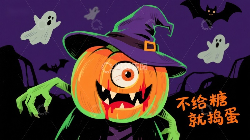 高清大图下载【趣麦麦图】万圣节南瓜巫师，不给糖就捣蛋