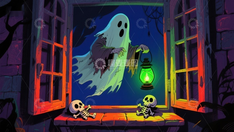 高清大图下载【趣麦麦图】幽灵手持灯笼照亮窗台骷髅