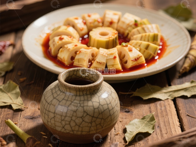 高清大图下载【趣麦麦图】莲藕酿肉配红油，古朴瓷罐旁