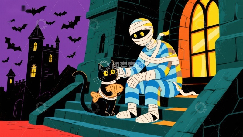 高清大图下载【趣麦麦图】万圣节木乃伊与黑猫在城堡前
