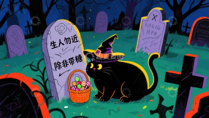 高清大图下载【趣麦麦图】万圣节夜猫与糖果篮