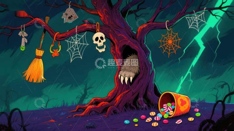 高清大图下载【趣麦麦图】万圣节夜景：糖果与幽灵树