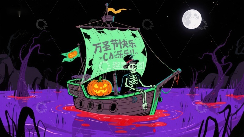 高清大图下载【趣麦麦图】万圣节骷髅划船夜景