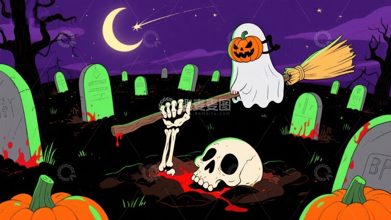 高清大图下载【趣麦麦图】万圣节墓地幽灵与骷髅的奇幻夜