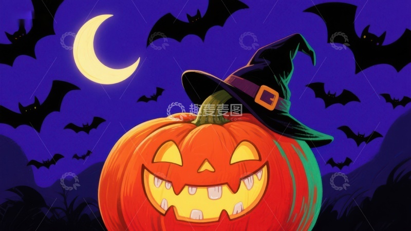 高清大图下载【趣麦麦图】万圣节南瓜灯与飞舞蝙蝠