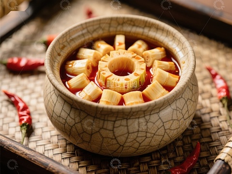 辣味竹笋汤，传统陶瓷碗盛装