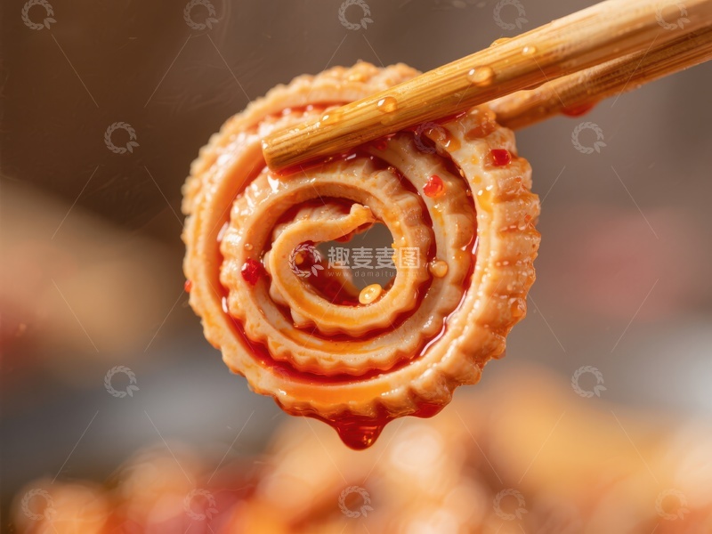 高清大图下载【趣麦麦图】麻辣鱿鱼圈，筷子夹起的美味瞬间