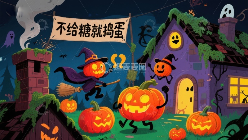 高清大图下载【趣麦麦图】万圣节南瓜灯与幽灵屋的欢乐夜景