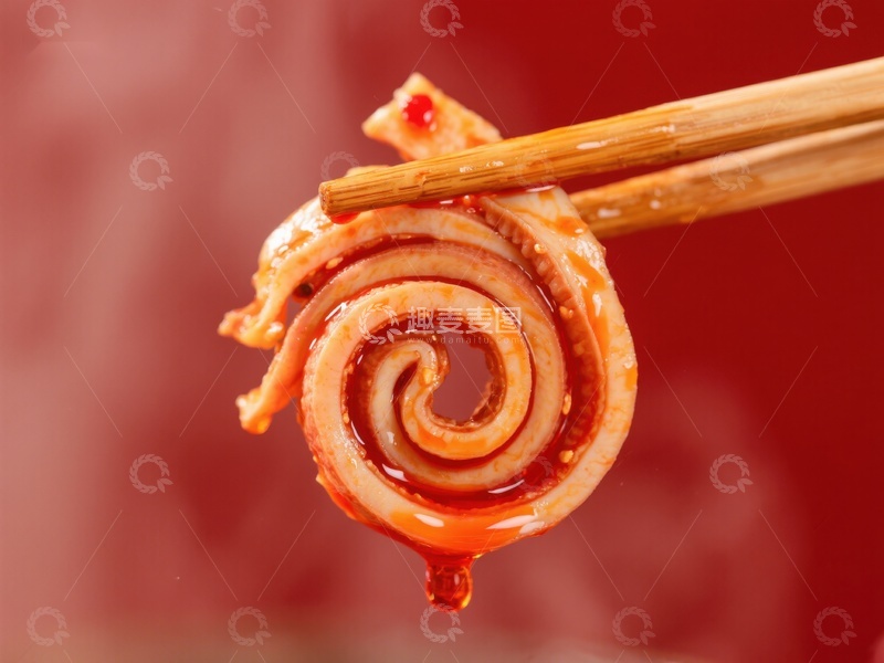 高清大图下载【趣麦麦图】筷子夹起螺旋鱿鱼，酱汁滴落