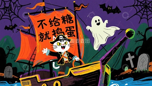 万圣节海盗船上的可爱猫与幽灵