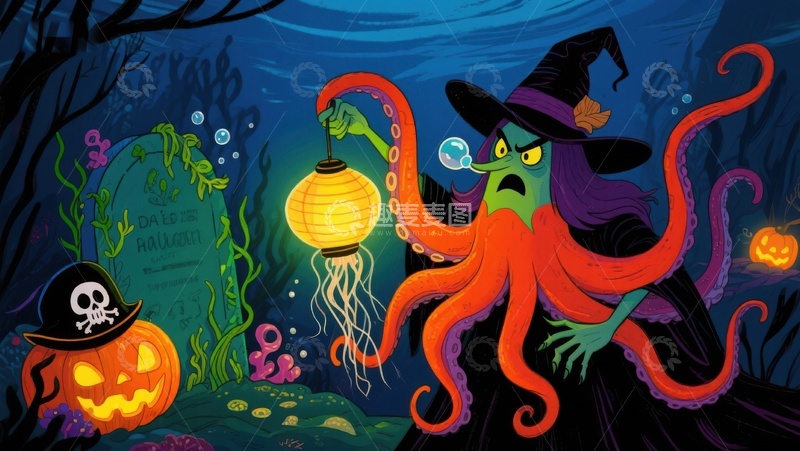 高清大图下载【趣麦麦图】海底万圣节：巫师章鱼与灯笼