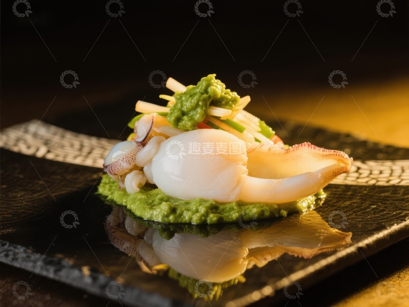 高清大图下载【趣麦麦图】精致鱿鱼配青酱与蔬菜丝