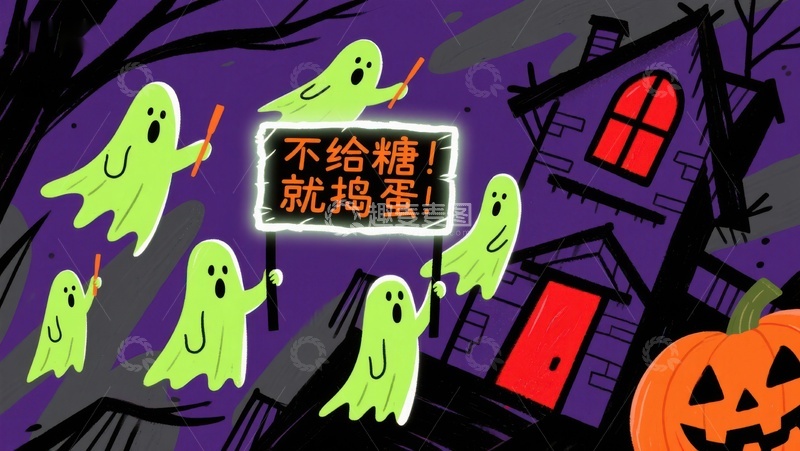 高清大图下载【趣麦麦图】-万圣节幽灵手持标语，背景为鬼屋