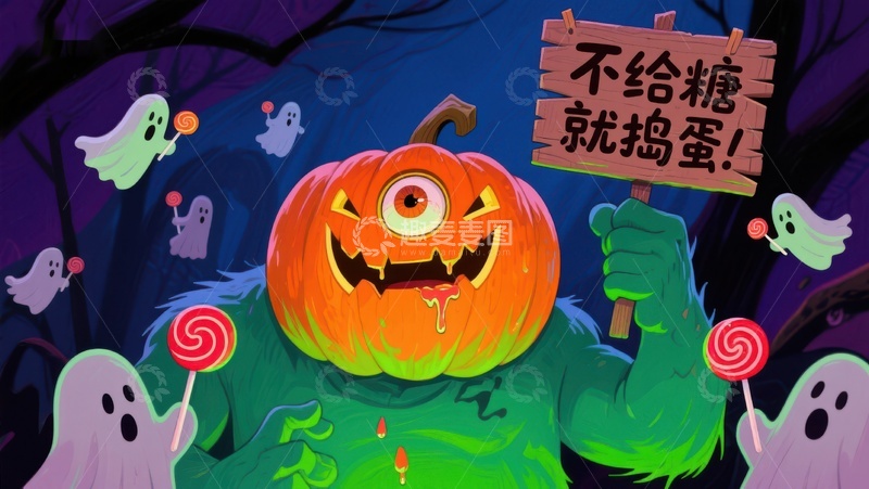高清大图下载【趣麦麦图】万圣节南瓜怪手持糖果与标语