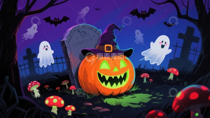 高清大图下载【趣麦麦图】万圣节南瓜灯与幽灵墓地夜景