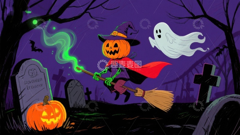 高清大图下载【趣麦麦图】万圣节南瓜巫师夜游墓地