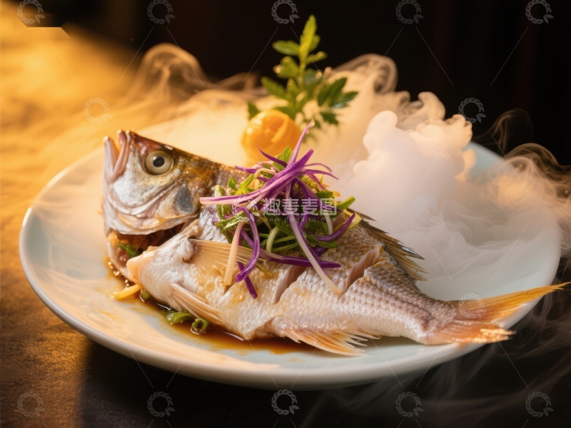 高清大图下载【趣麦麦图】烟雾缭绕的清蒸鱼美食