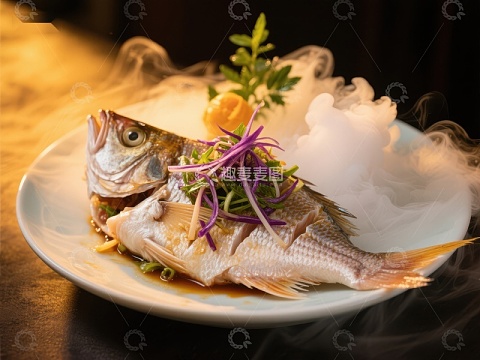 烟雾缭绕的清蒸鱼美食