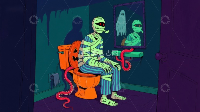 高清大图下载【趣麦麦图】万圣节夜，木乃伊坐在南瓜马桶上
