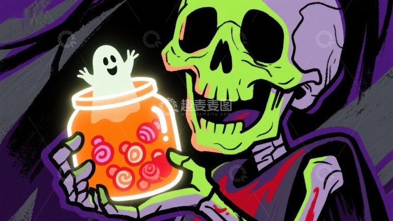 高清大图下载【趣麦麦图】骷髅手持糖果罐，小幽灵探头