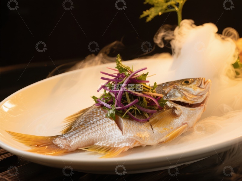 高清大图下载【趣麦麦图】蒸鱼配紫甘蓝，烟雾缭绕