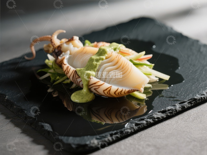 精致鱿鱼料理，搭配绿色酱汁
