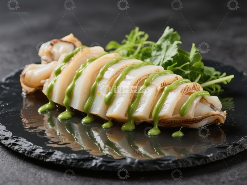 高清大图下载【趣麦麦图】鱿鱼切片配青酱与绿叶装饰
