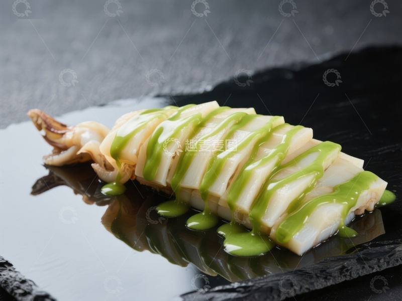 高清大图下载【趣麦麦图】墨鱼切片配绿色酱汁