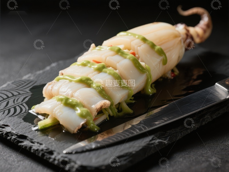 高清大图下载【趣麦麦图】精致鱿鱼料理，配以绿色酱汁
