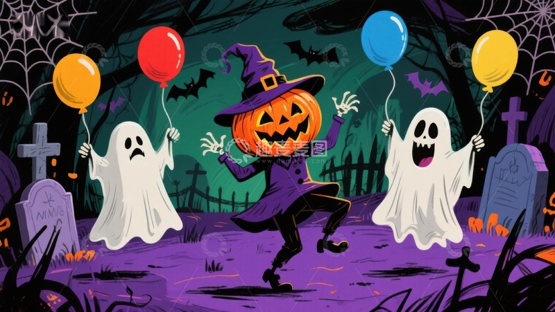 高清大图下载【趣麦麦图】万圣节幽灵与南瓜灯欢乐场景