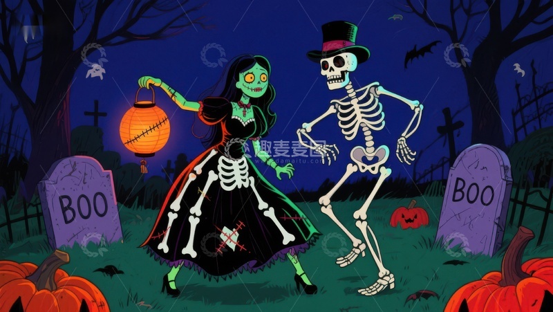 高清大图下载【趣麦麦图】万圣节骷髅与幽灵共舞