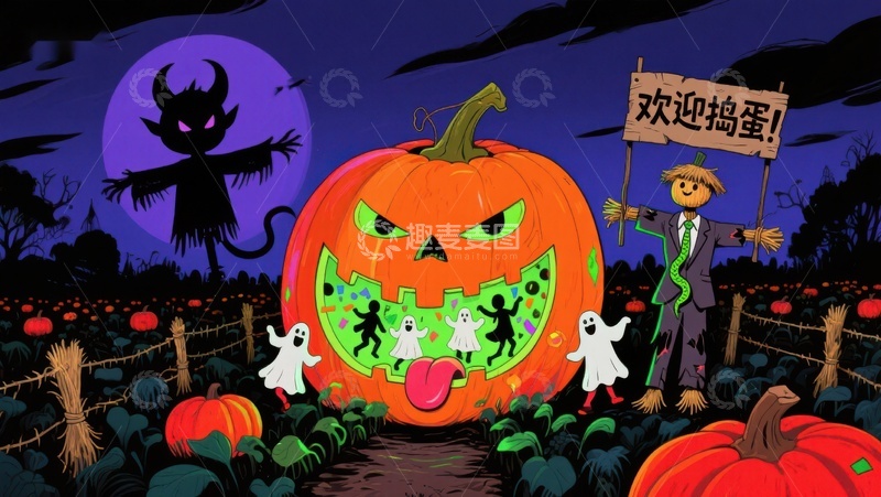 高清大图下载【趣麦麦图】万圣节南瓜灯与稻草人欢迎捣蛋