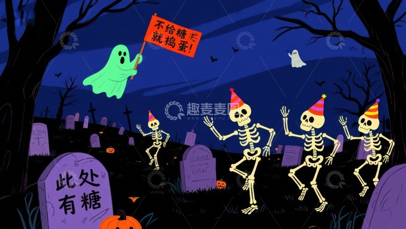 高清大图下载【趣麦麦图】万圣节骷髅舞会，幽灵举牌邀糖