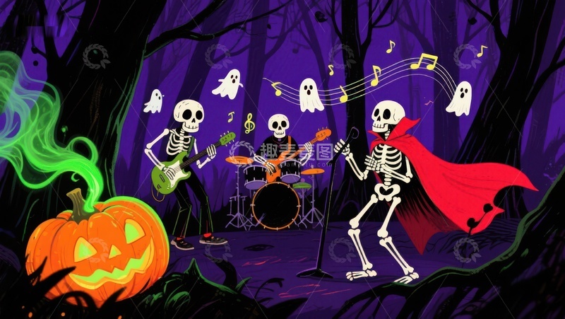 高清大图下载【趣麦麦图】万圣节骷髅乐队森林演奏