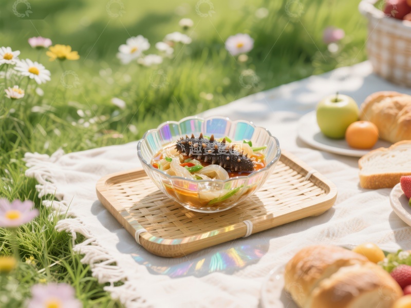 高清大图下载【趣麦麦图】户外野餐桌上美味海参料理