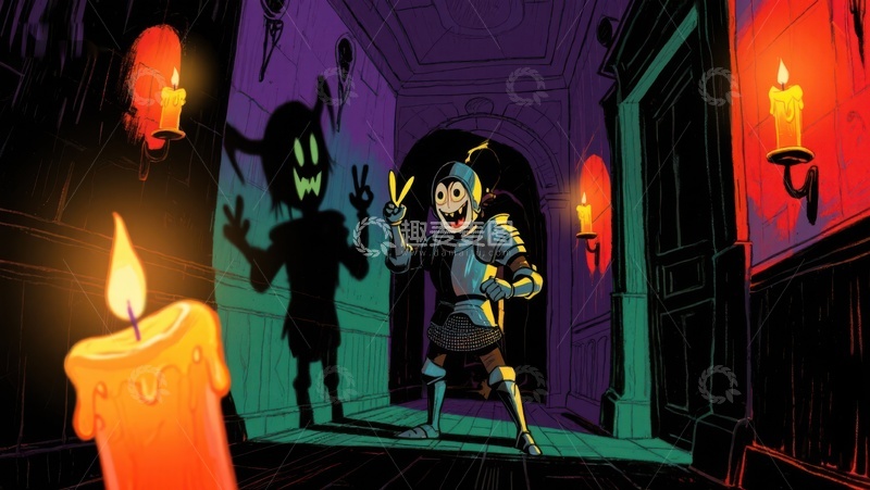 高清大图下载【趣麦麦图】骑士与影子在烛光走廊中对峙