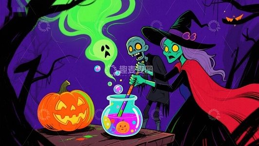 万圣节女巫与骷髅的魔法之夜