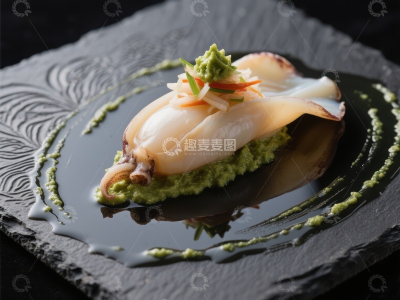 高清大图下载【趣麦麦图】精致鱿鱼料理，配以绿色酱料